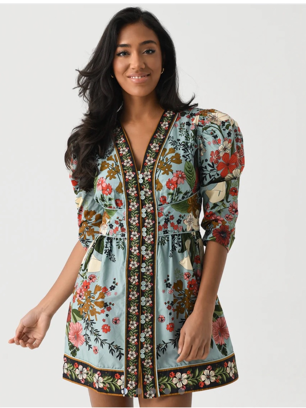 FARM Rio Sky Blue Floral Embroidered Puff Sleeve Mini Dress